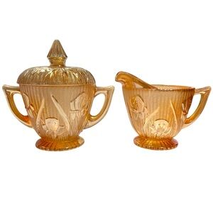 Vintage 1960s Jeannette Glass Iris Herringbone Iridescent Sandwich Sugar Creamer